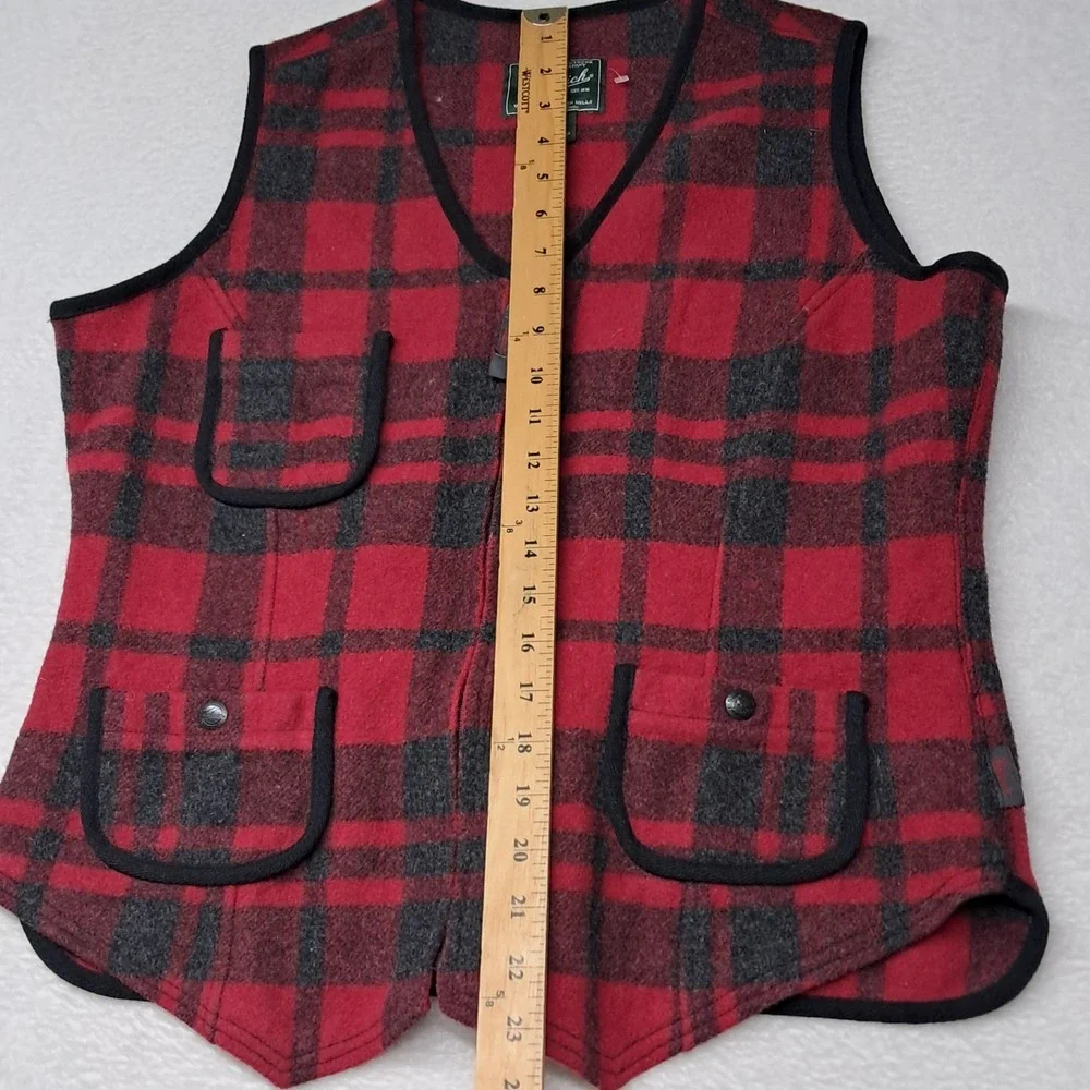 Vintage Woolrich Vest Women's Medium Red Black‎ Wool Buffalo Plaid Zip Up Cabin
